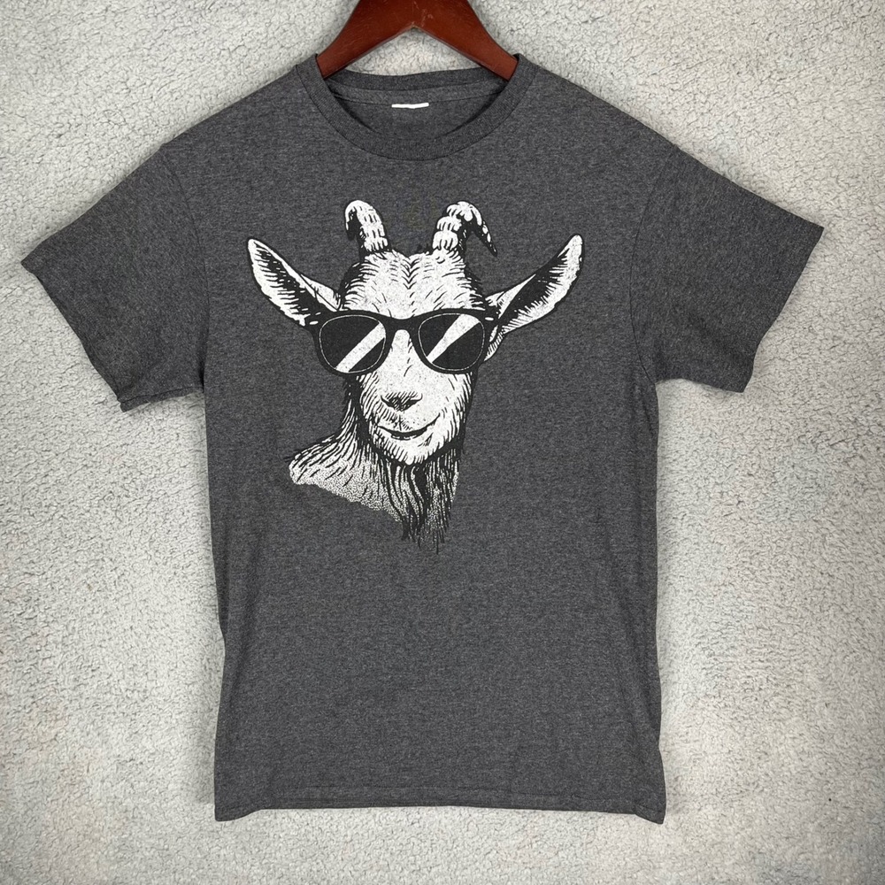 Charcoal Grey Goat with Sunglasses Graphic Short Sleeve Crewneck T-Shirt